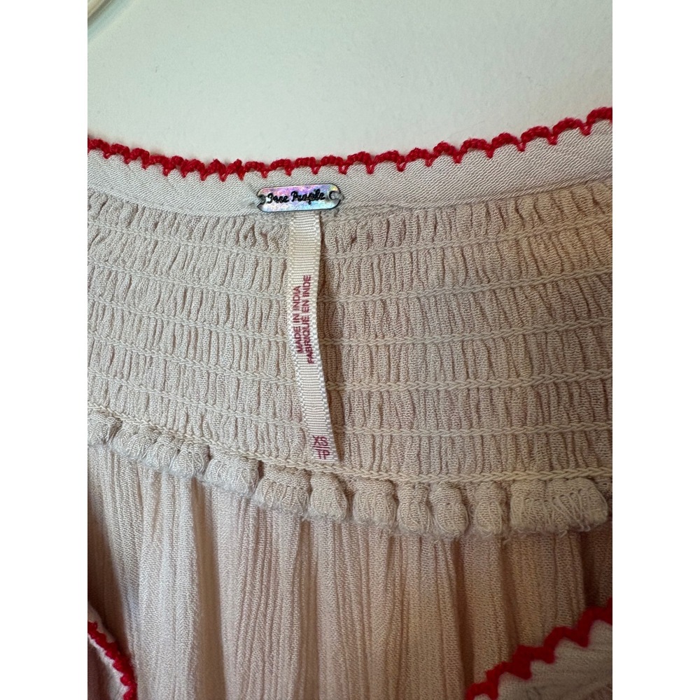 Free People Boho Embroidered Mini Dress Cream Red Tassel XS Peasant Gauze - Picture 3 of 7